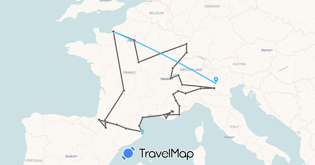 TravelMap itinerary: boat, motorbike in Andorra, Switzerland, Germany, Spain, France, Italy (Europe)